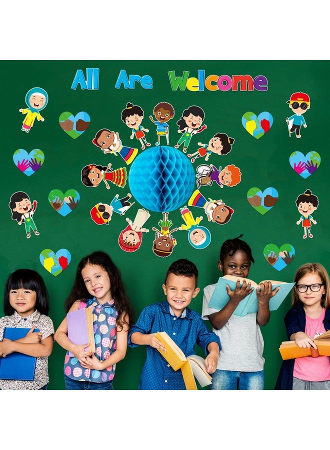 BeYumi 75Pcs Student Diversity Bulletin Board Set All Are Welcome Hearts Cutouts Earth Honeycomb Inclusion Multicultural Bulletin Board Back To School Equality One World Classroom Door Decoration - Image 5