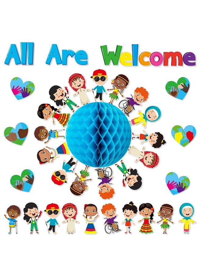 BeYumi 75Pcs Student Diversity Bulletin Board Set All Are Welcome Hearts Cutouts Earth Honeycomb Inclusion Multicultural Bulletin Board Back To School Equality One World Classroom Door Decoration - Image 1