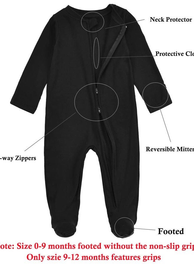 Aablexema Baby Footed Pajamas with Mittens - 3 Pcs Infant Girls Boys Footie Onesies Sleeper Newborn Cotton Sleepwear Outfits, White/Black/Ivory(zipper), 6-9 Months - Image 2
