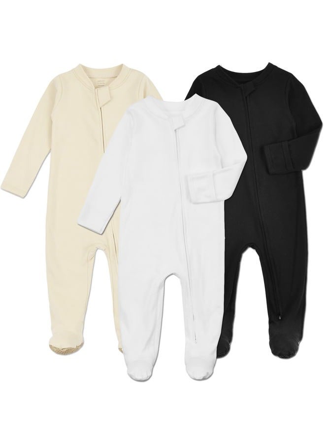 Aablexema Baby Footed Pajamas with Mittens - 3 Pcs Infant Girls Boys Footie Onesies Sleeper Newborn Cotton Sleepwear Outfits, White/Black/Ivory(zipper), 6-9 Months - Image 1