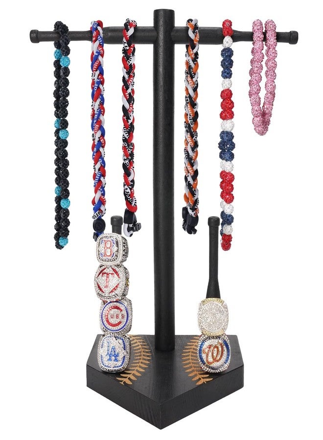 NEXIULT Wooden Baseball & Softball Drip Necklace Organizer Holder, Championship Ring Display, Sports Ring Holder with Necklace Storage, Softball Baseball Gift for Players (Black) - Image 1