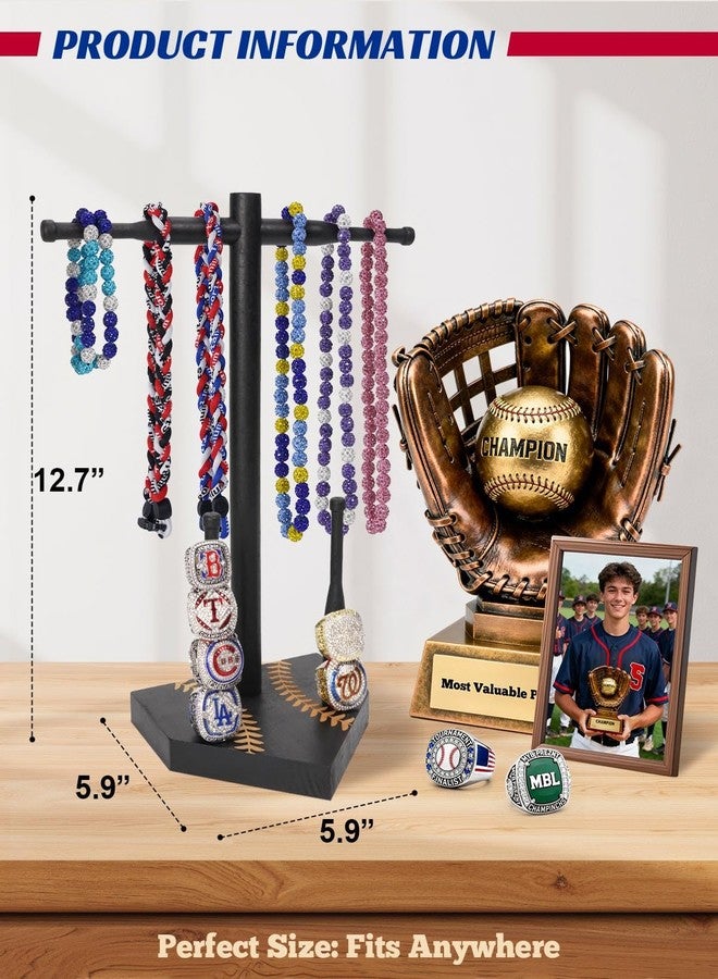 NEXIULT Wooden Baseball & Softball Drip Necklace Organizer Holder, Championship Ring Display, Sports Ring Holder with Necklace Storage, Softball Baseball Gift for Players (Black) - Image 3