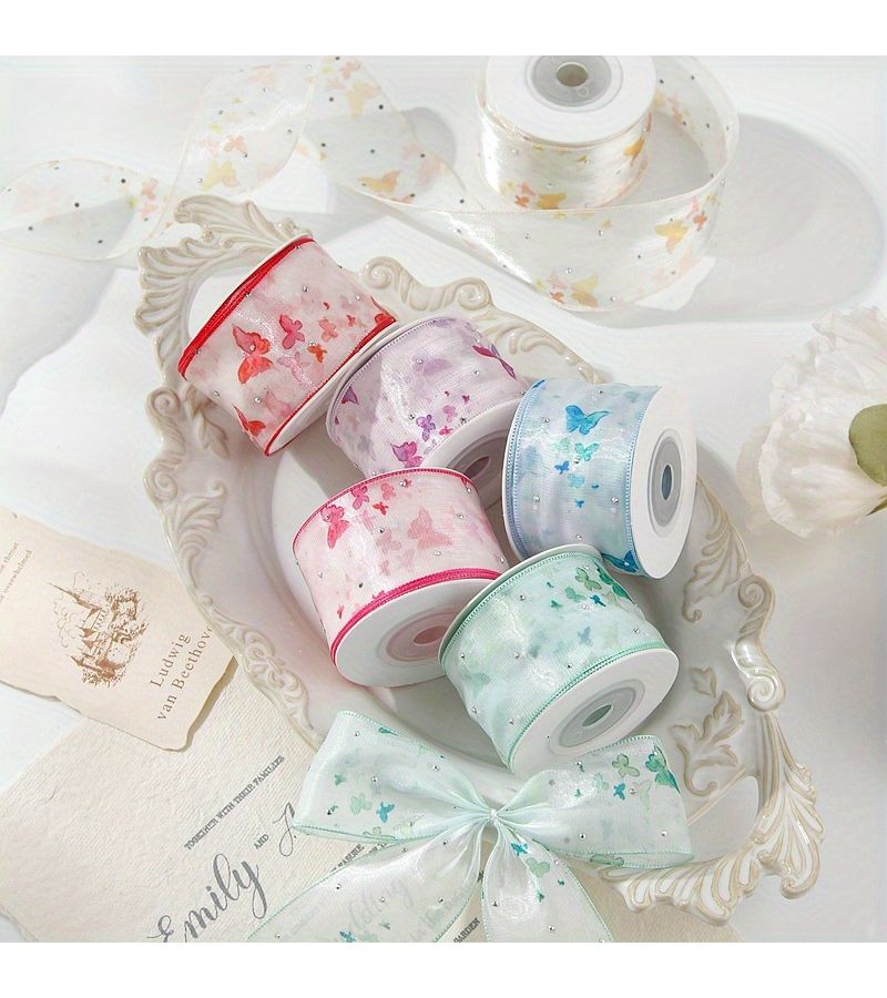 Red Transparent Butterfly Printed Ribbon 1.57x41.34 Inch Hair Bow Gift Packaging - Image 3