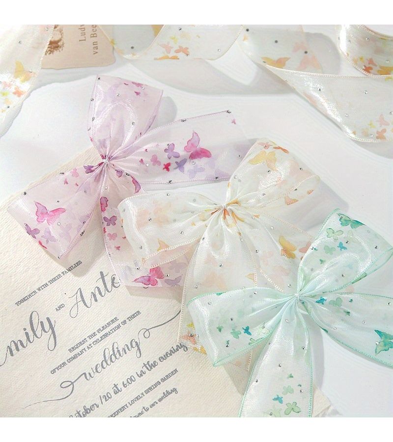 Red Transparent Butterfly Printed Ribbon 1.57x41.34 Inch Hair Bow Gift Packaging - Image 2