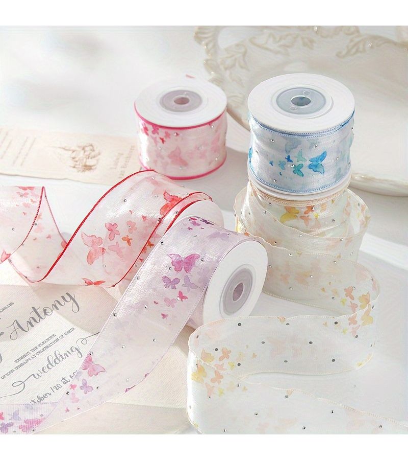 Red Transparent Butterfly Printed Ribbon 1.57x41.34 Inch Hair Bow Gift Packaging - Image 1