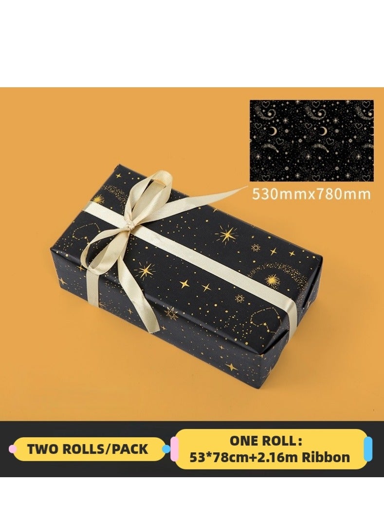 Luxury Gift Wrapping Paper Moon Star Gold Foil Elegant Design Ramadan Gift Box Package 2 Rolls with Ribbon