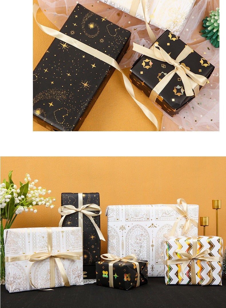 Luxury Gift Wrapping Paper Moon Star Gold Foil Elegant Design Ramadan Gift Box Package 2 Rolls with Ribbon