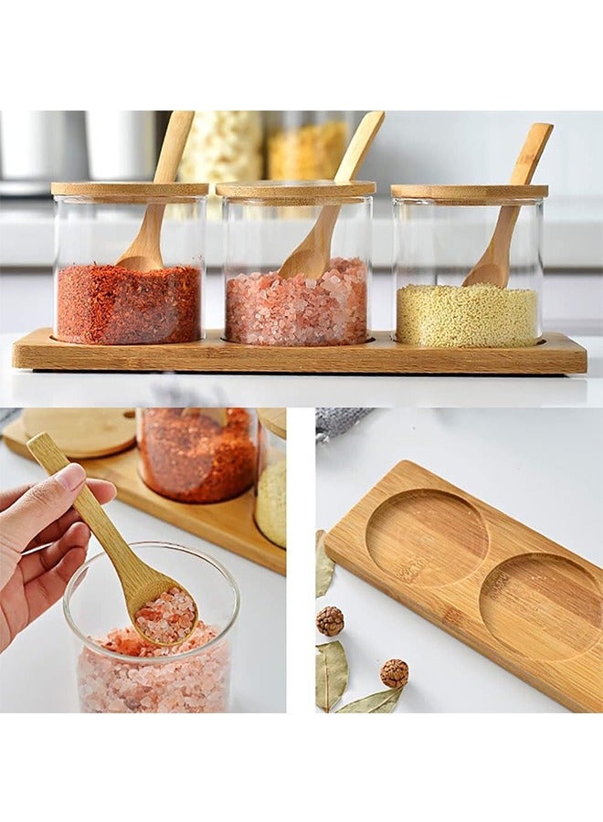 JCB CHIC Glass Spice Jars Round Seasoning Bottles 3 Pcs 300ml Spice Containers with Bamboo Lids Spoon & Tray for Home Kitchen café Storing Salt Sugar Pepper and Spice  - Image 4