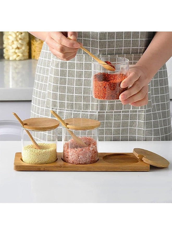 JCB CHIC Glass Spice Jars Round Seasoning Bottles 3 Pcs 300ml Spice Containers with Bamboo Lids Spoon & Tray for Home Kitchen café Storing Salt Sugar Pepper and Spice  - Image 1