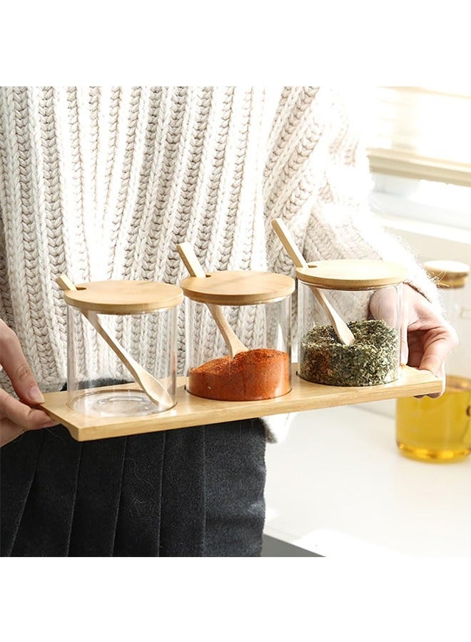 JCB CHIC Glass Spice Jars Round Seasoning Bottles 3 Pcs 300ml Spice Containers with Bamboo Lids Spoon & Tray for Home Kitchen café Storing Salt Sugar Pepper and Spice  - Image 3