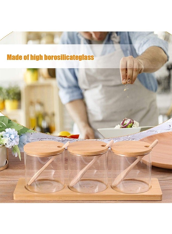 JCB CHIC Glass Spice Jars Round Seasoning Bottles 3 Pcs 300ml Spice Containers with Bamboo Lids Spoon & Tray for Home Kitchen café Storing Salt Sugar Pepper and Spice  - Image 5