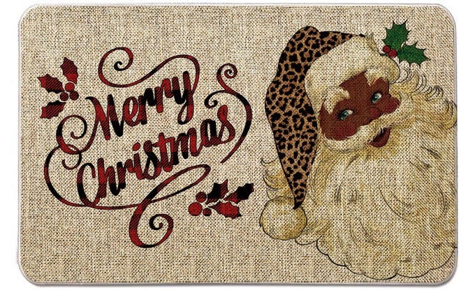 CHRISTMAS DOOR MAT OUTDOOR RUG BLACK SANTA DOORMAT AFRICAN AMERICAN SANTA CLAUS ENTRANCE RUG FARMHOUSE DECOR HOME KITCHEN FLOOR FRONT DOOR MATS 17 X 27 INCH