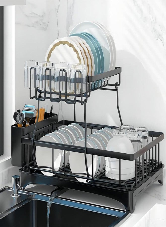 Glaceon Expandable Dish Drying Rack, 2-Tier Dish Rack for Kitchen Counter, Large Expandable Dish Drainer Over Sink, Multifunction Dish Strainer with Drainboard & Cups Holder. - Image 1