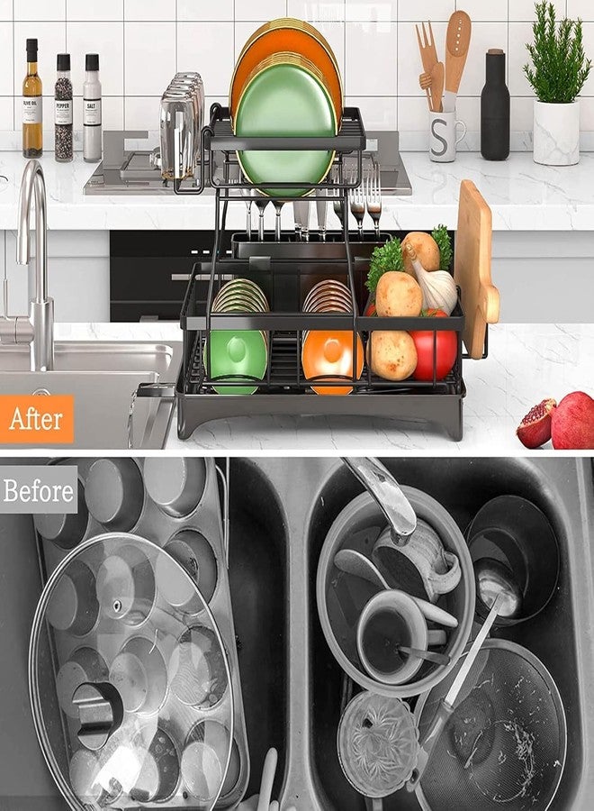 Glaceon Expandable Dish Drying Rack, 2-Tier Dish Rack for Kitchen Counter, Large Expandable Dish Drainer Over Sink, Multifunction Dish Strainer with Drainboard & Cups Holder. - Image 5