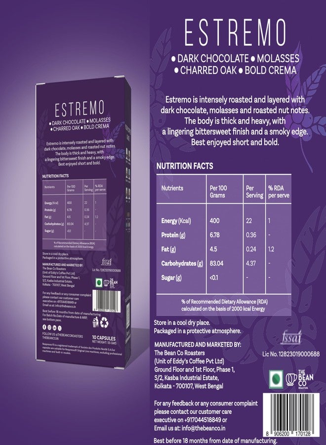 THE BEAN CO كبسولات قهوة ألومنيوم من ذا بين كو روستر إستريمو | ٢٠ كبسولة قهوة - درجة التحميص ١٠ | تحميص داكن | ١٠٠٪ أرابيكا | كبسولات قهوة سويسرية الصنع - Image 2