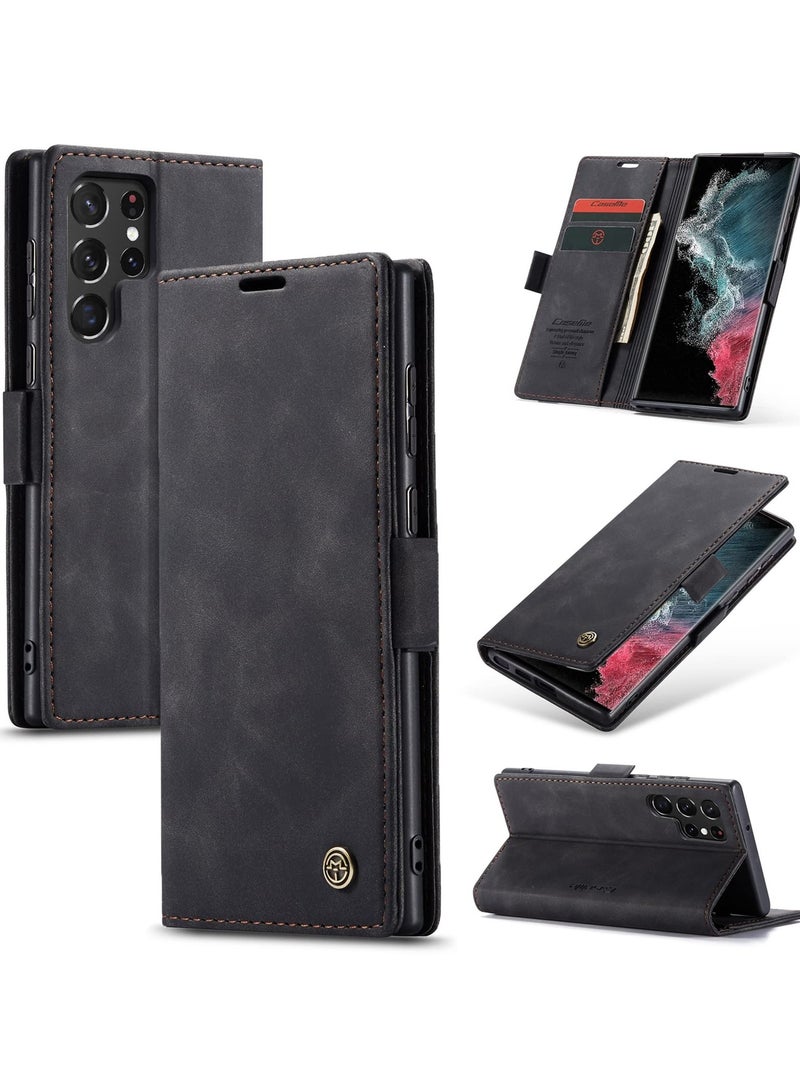 CaseMe Phone Case Luxury PU Leather Design 013 Flip Cover Card Slot Holder Cover For Samsung Galaxy S22 Ultra (Black)  - Image 1