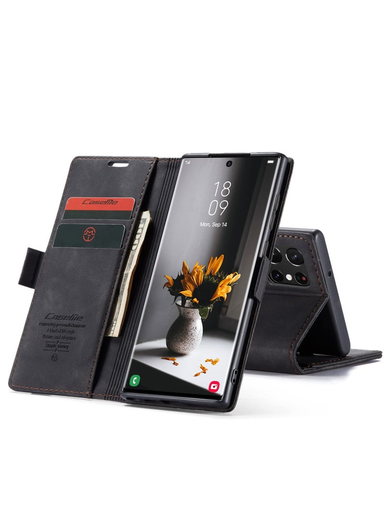 CaseMe Phone Case Luxury PU Leather Design 013 Flip Cover Card Slot Holder Cover For Samsung Galaxy S22 Ultra (Black)  - Image 3