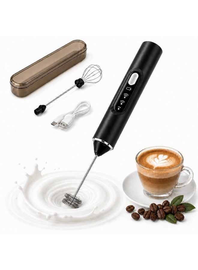 Rechargeable Handheld Milk Frother with Storage Case, 3-Speed Electric Whisk with 2 Stainless Steel Attachments, USB-C Charging, Black - Image 1
