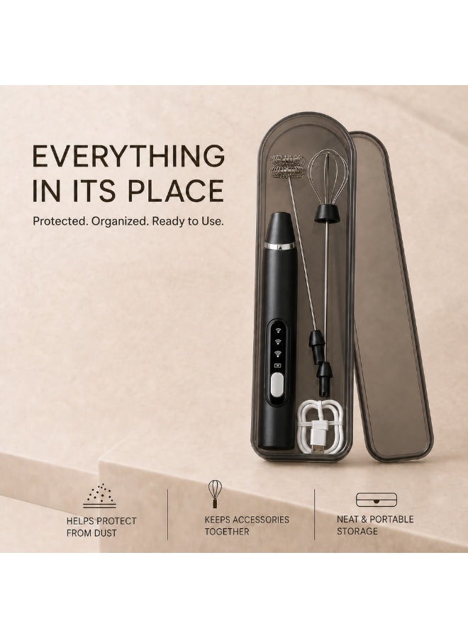 Rechargeable Handheld Milk Frother with Storage Case, 3-Speed Electric Whisk with 2 Stainless Steel Attachments, USB-C Charging, Black - Image 2