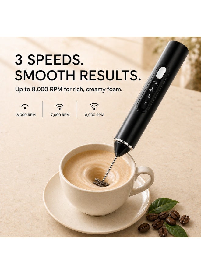 Rechargeable Handheld Milk Frother with Storage Case, 3-Speed Electric Whisk with 2 Stainless Steel Attachments, USB-C Charging, Black - Image 3