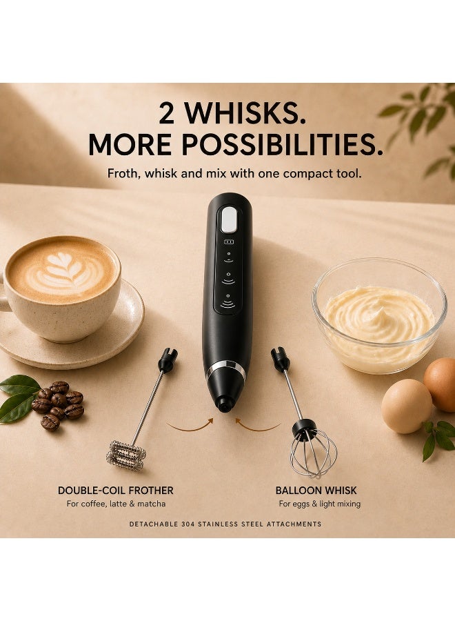 Rechargeable Handheld Milk Frother with Storage Case, 3-Speed Electric Whisk with 2 Stainless Steel Attachments, USB-C Charging, Black - Image 4