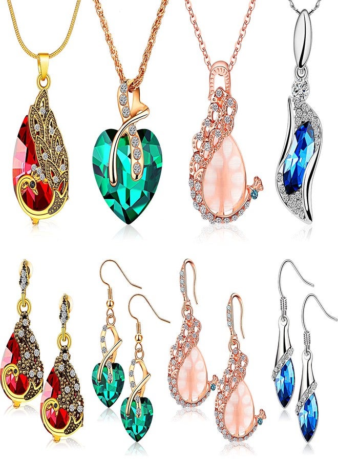 MTLEE 4 Set Peacock Jewelry Sets for Women Crystal Necklace Earrings Rhinestone Waterdrop Pendant Heart Charm Hook Earrings Indian Jewelry Set for Mother's Gift Valentine's Gifts Lover Ladies - Image 1