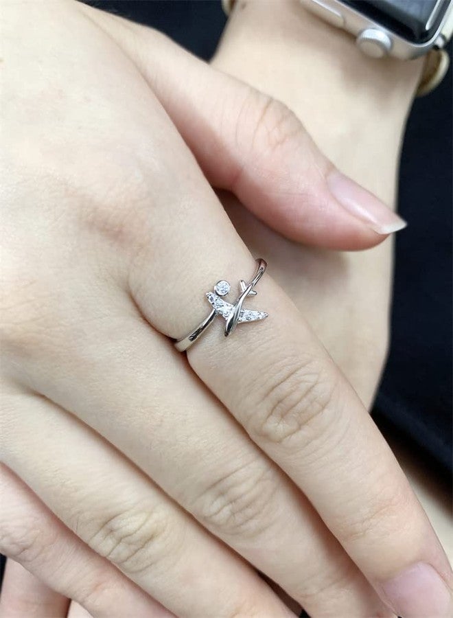 Dtja CZ Airplane 925 Sterling Silver Statement Ring for Women Girls Adjustable Expandable Open Wrap Finger Rings Comfort Fit Dainty Cute Dainty Airline Flight Jewelry Gift Souvenir - Image 3