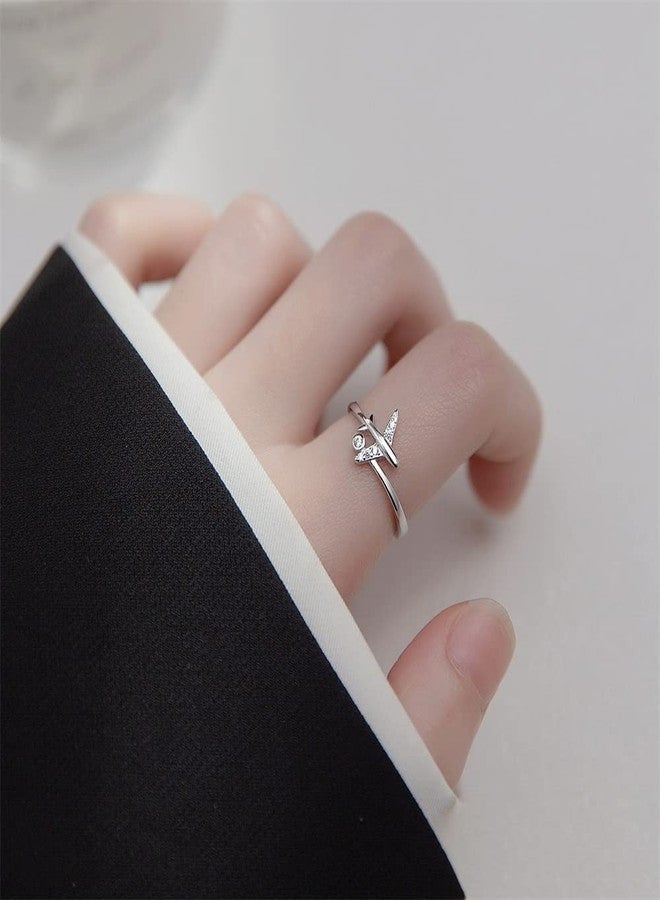 Dtja CZ Airplane 925 Sterling Silver Statement Ring for Women Girls Adjustable Expandable Open Wrap Finger Rings Comfort Fit Dainty Cute Dainty Airline Flight Jewelry Gift Souvenir - Image 2