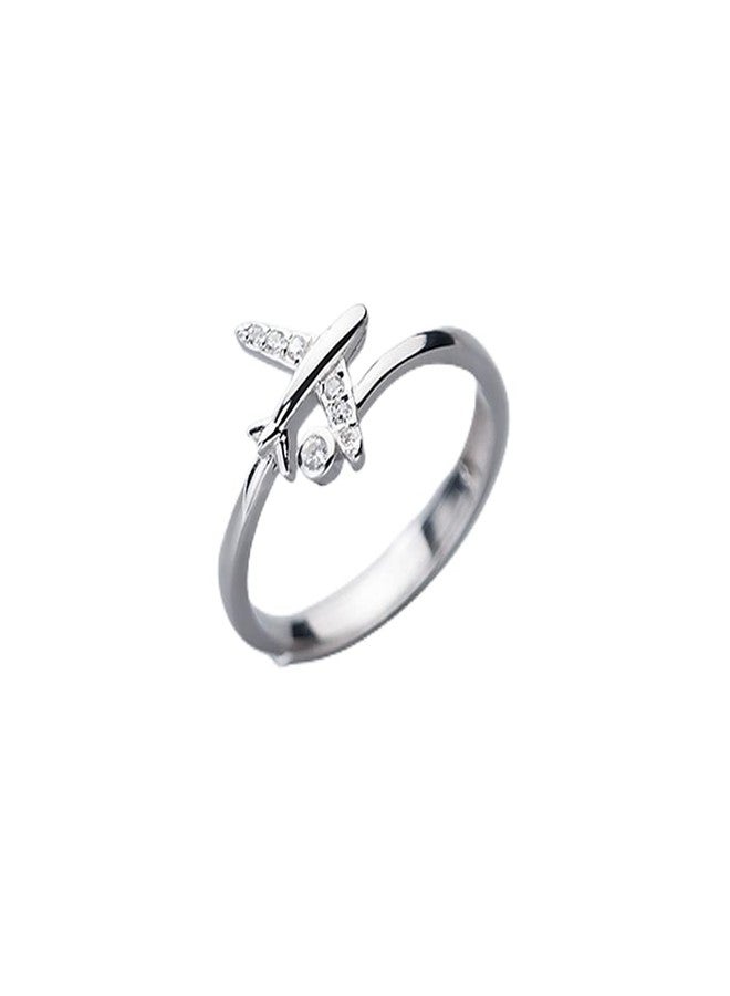 Dtja CZ Airplane 925 Sterling Silver Statement Ring for Women Girls Adjustable Expandable Open Wrap Finger Rings Comfort Fit Dainty Cute Dainty Airline Flight Jewelry Gift Souvenir - Image 1