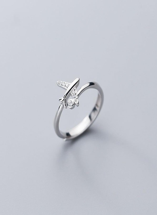 Dtja CZ Airplane 925 Sterling Silver Statement Ring for Women Girls Adjustable Expandable Open Wrap Finger Rings Comfort Fit Dainty Cute Dainty Airline Flight Jewelry Gift Souvenir - Image 4