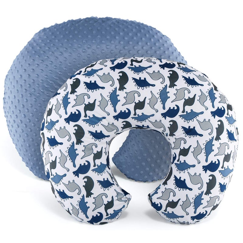 The Peanut Shell The Peanutshell Nursing Pillow Cover Set for Baby Boys or Girls | Dinosaur & Navy Blue Minky Dot | Unisex 2 Pack - Image 1