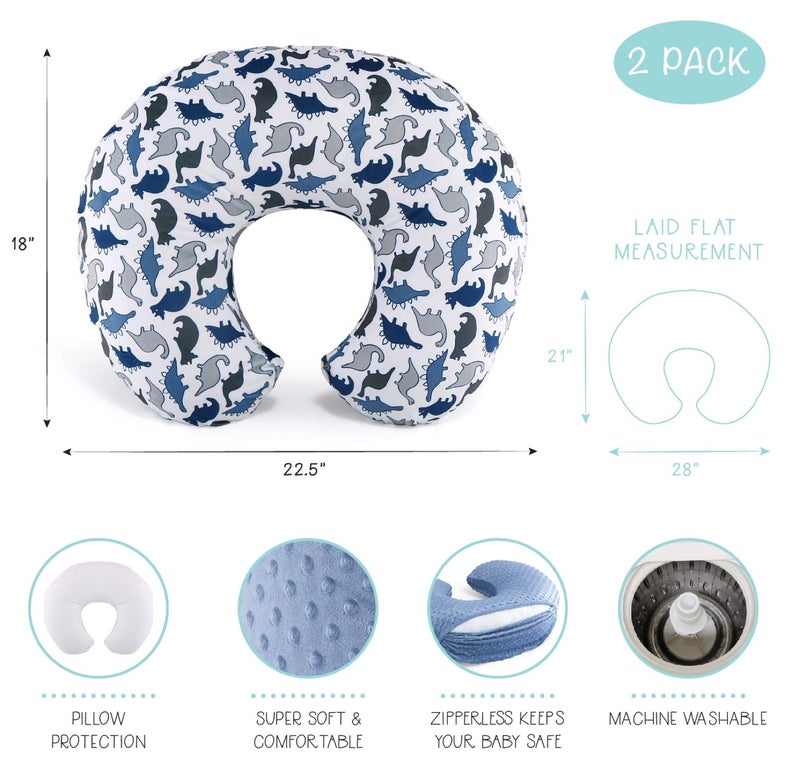 The Peanut Shell The Peanutshell Nursing Pillow Cover Set for Baby Boys or Girls | Dinosaur & Navy Blue Minky Dot | Unisex 2 Pack - Image 2