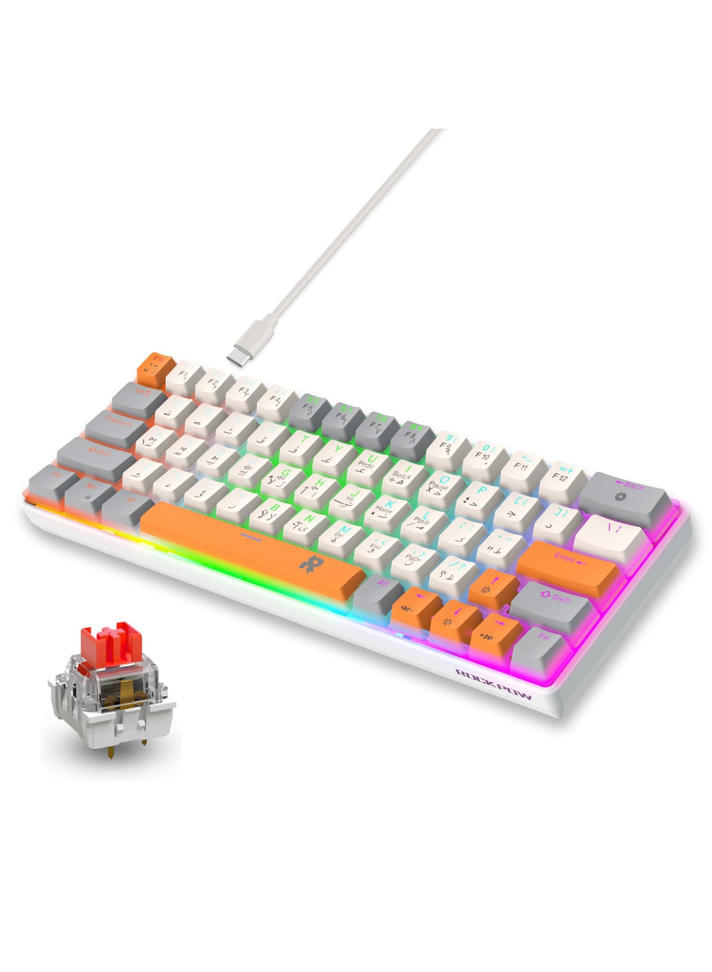 ROCK POW 60% Arabic English Mechanical Gaming Keyboard 63keys RGB Backlit Ultra-Compact Mini Keyboard Waterproof Mini Compact Keyboard for PC/Mac Gamer, TypistTrip Hot Swappable Red Switch
