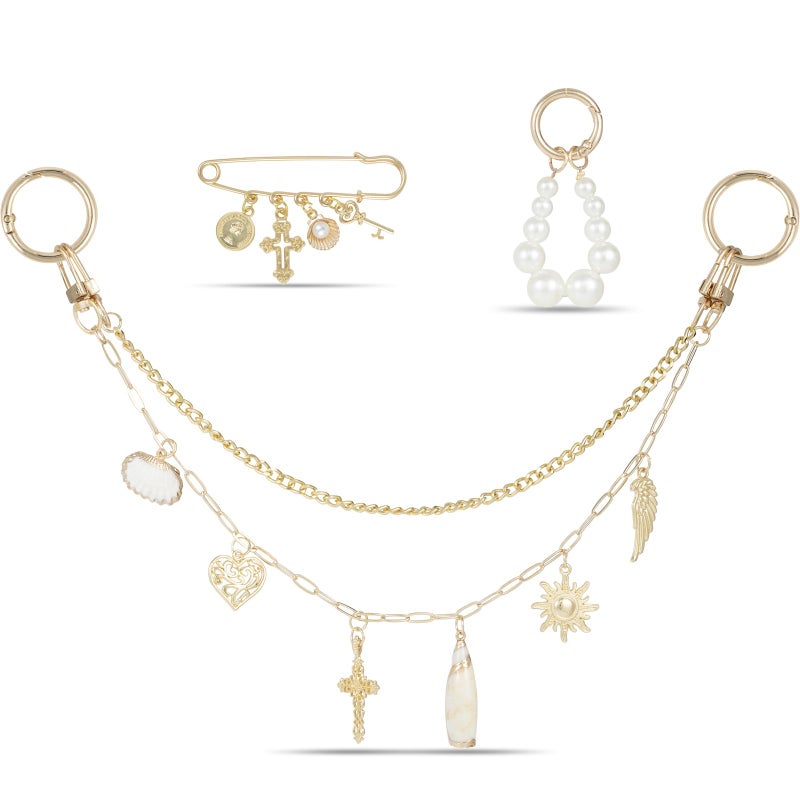 DoDoBeads 4-in-1 Bag Charms Set, Elegant Gold Purse Charms with Pearl Beads, Shell Pendant, and Safety Pin, Handbag Charm - Image 1