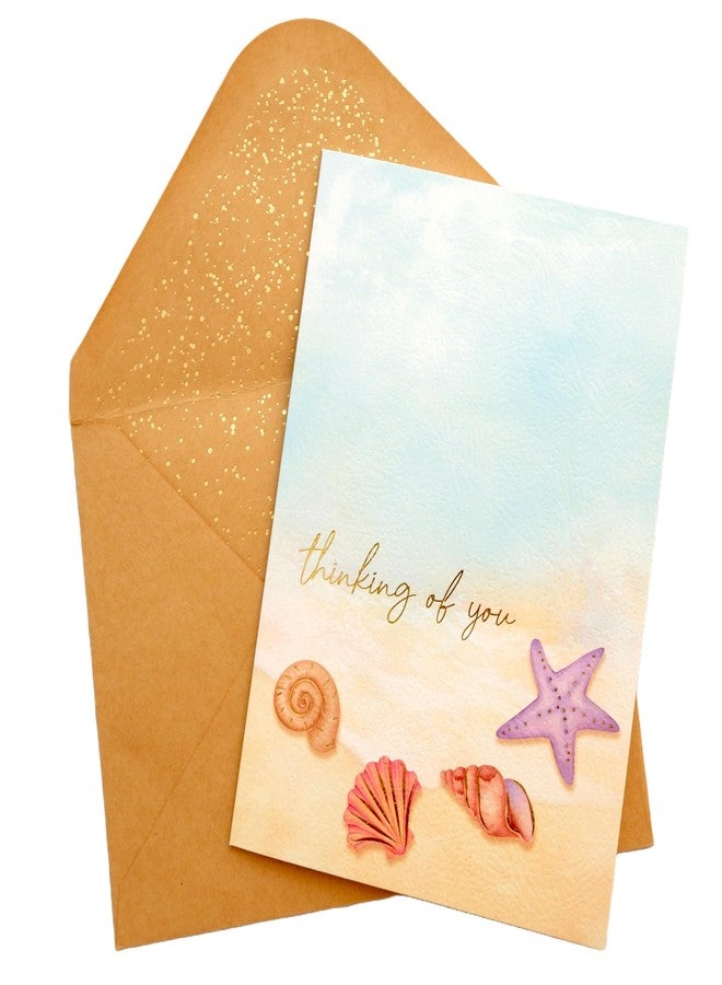 CHRIZ.Z Thinking of You Card - Single Hello Greeting Card on Textured Paper with Kraft Envelope - 5" x 7" - Blank Inside With Rose Gold Foil Design & Rose Gold Confetti Envelope (Beach) - Image 2