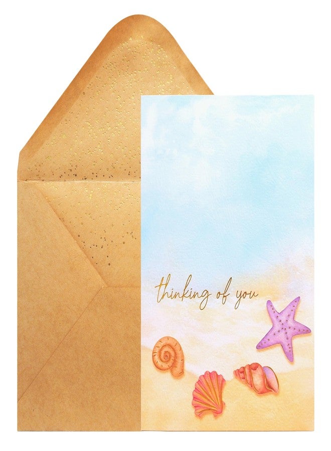 CHRIZ.Z Thinking of You Card - Single Hello Greeting Card on Textured Paper with Kraft Envelope - 5" x 7" - Blank Inside With Rose Gold Foil Design & Rose Gold Confetti Envelope (Beach) - Image 1