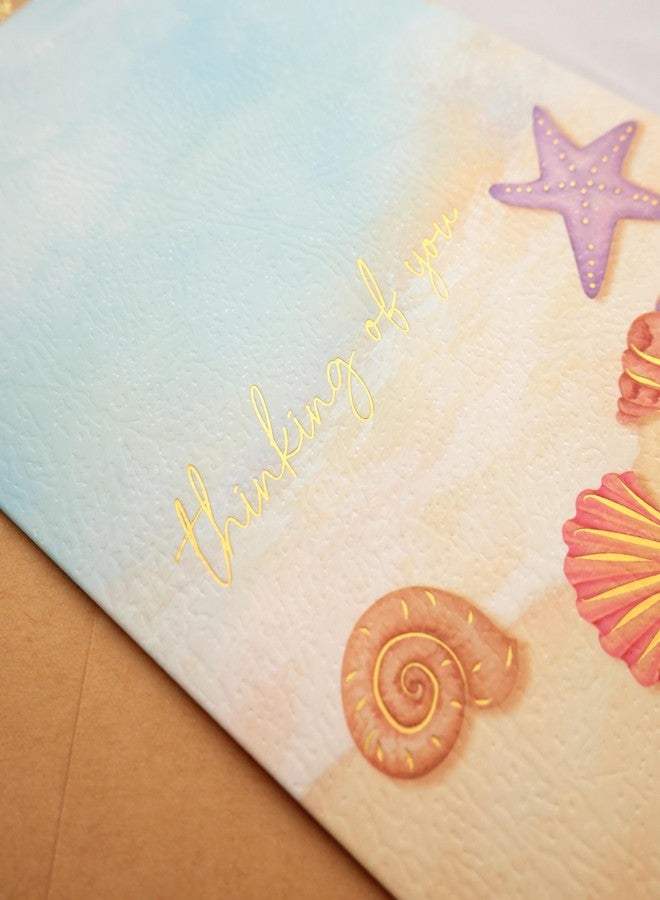 CHRIZ.Z Thinking of You Card - Single Hello Greeting Card on Textured Paper with Kraft Envelope - 5" x 7" - Blank Inside With Rose Gold Foil Design & Rose Gold Confetti Envelope (Beach) - Image 3