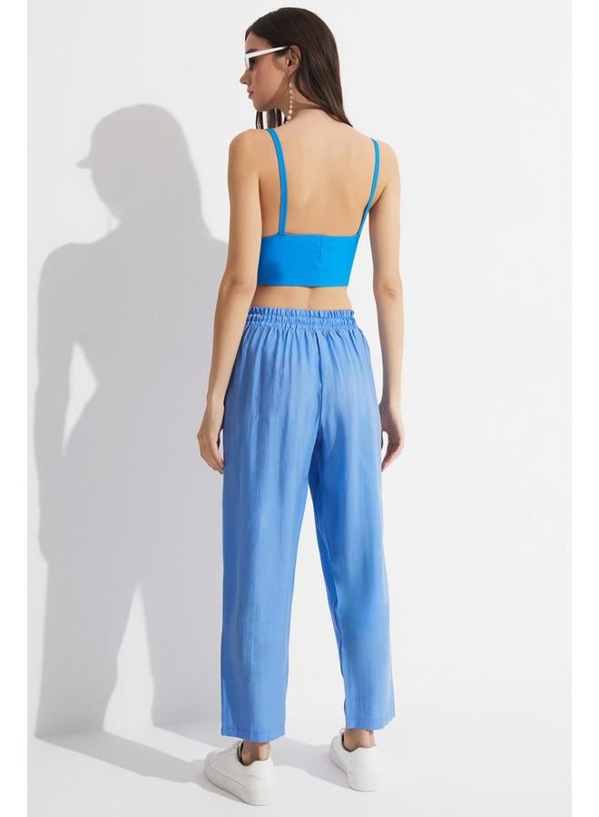 جون بنطلون جينز نسائي صيفي بخصر مطاطي من مزيج المودال أزرق - Image 2