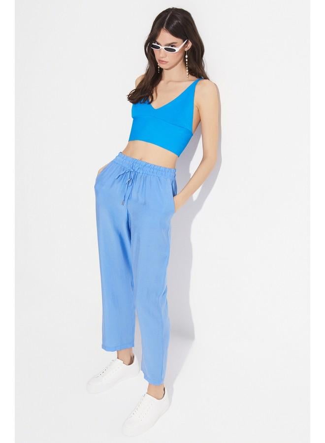 جون بنطلون جينز نسائي صيفي بخصر مطاطي من مزيج المودال أزرق - Image 3