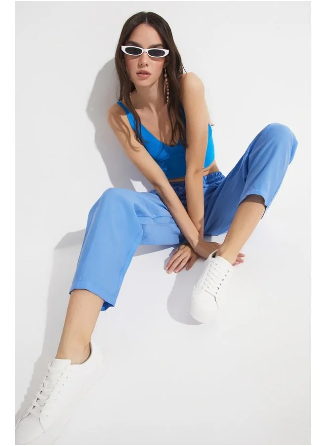 JUNE June Women Exclusive Elastic Waist Modal Blend Jogger Woven Trouser Blue