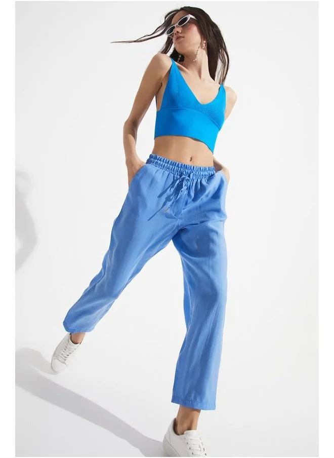JUNE June Women Exclusive Elastic Waist Modal Blend Jogger Woven Trouser Blue