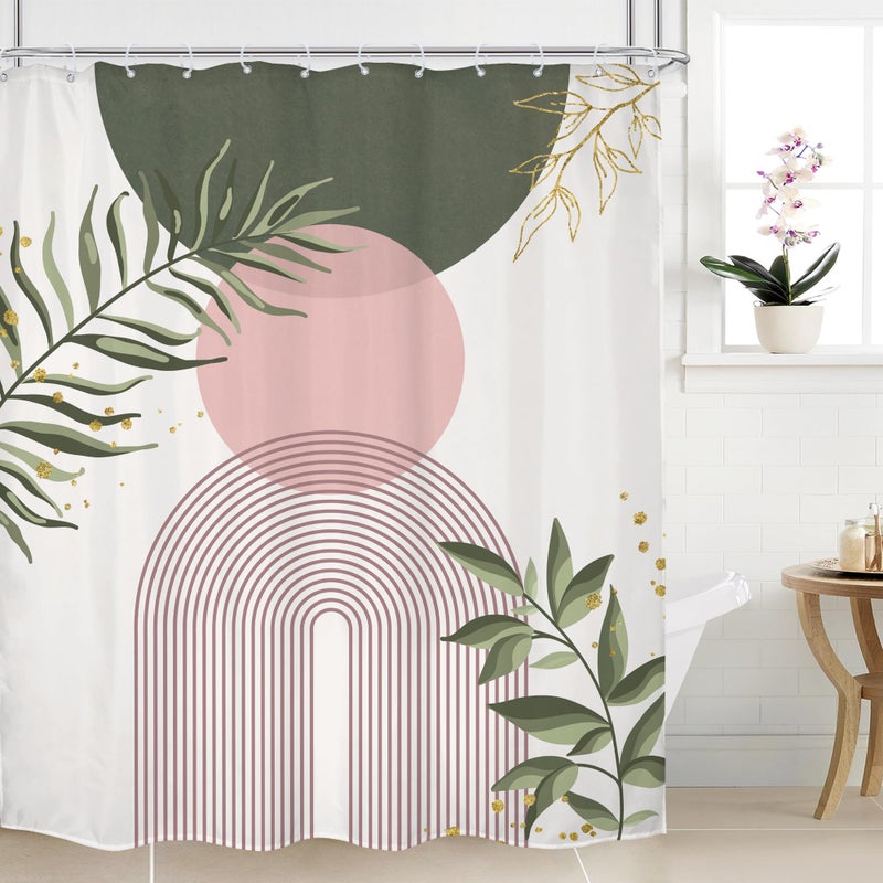 Mitpok Pink Sage Green Boho Shower Curtain 60Wx72H Mid Century Modern Abstract Gold Leaves Plant Sun Bathroom Decor Minimalist Geometric Arch Line Aesthetic Bath Curtain Fabric Polyester 12 Pack Hooks - Image 1