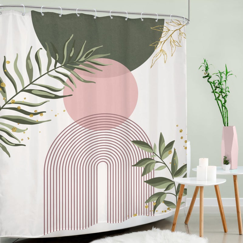 Mitpok Pink Sage Green Boho Shower Curtain 60Wx72H Mid Century Modern Abstract Gold Leaves Plant Sun Bathroom Decor Minimalist Geometric Arch Line Aesthetic Bath Curtain Fabric Polyester 12 Pack Hooks - Image 3