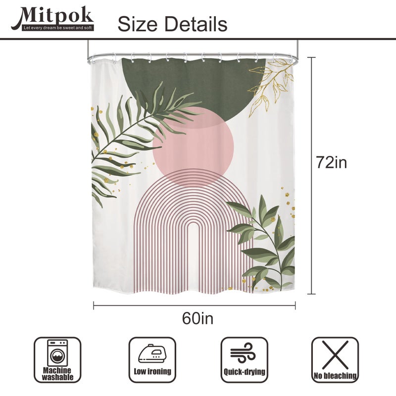 Mitpok Pink Sage Green Boho Shower Curtain 60Wx72H Mid Century Modern Abstract Gold Leaves Plant Sun Bathroom Decor Minimalist Geometric Arch Line Aesthetic Bath Curtain Fabric Polyester 12 Pack Hooks - Image 5