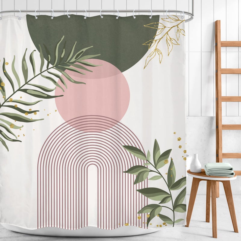 Mitpok Pink Sage Green Boho Shower Curtain 60Wx72H Mid Century Modern Abstract Gold Leaves Plant Sun Bathroom Decor Minimalist Geometric Arch Line Aesthetic Bath Curtain Fabric Polyester 12 Pack Hooks - Image 2
