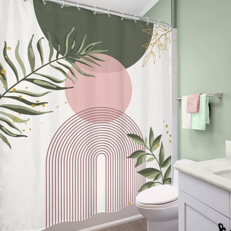 Mitpok Pink Sage Green Boho Shower Curtain 60Wx72H Mid Century Modern Abstract Gold Leaves Plant Sun Bathroom Decor Minimalist Geometric Arch Line Aesthetic Bath Curtain Fabric Polyester 12 Pack Hooks - Image 4