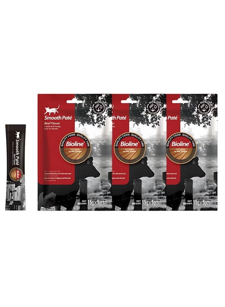 بايولاين بيولاين مكافأة قطط رطبة بنكهة اللحم 15جم ×5 ×3 عبوات | باتيه ناعم بزيت السلمون لدعم صحة الجلد ولمعان الفرو - Image 1