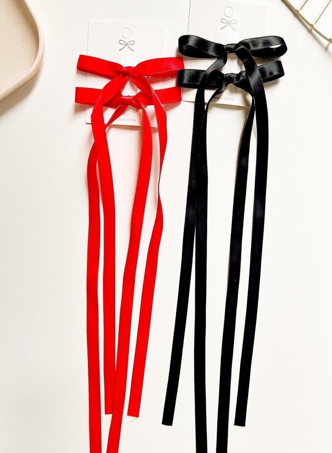 Shivashay 4 PCS Ribbon Hair Clips Bowknot With Long Tail | Bow Hair Clip For Girls |Hair Clips for Women with Bowknot Clips | Hair Bows for Women Ribbon for Hair Barrettes Bow clips (Black, Pink, White, Red ) - Image 3