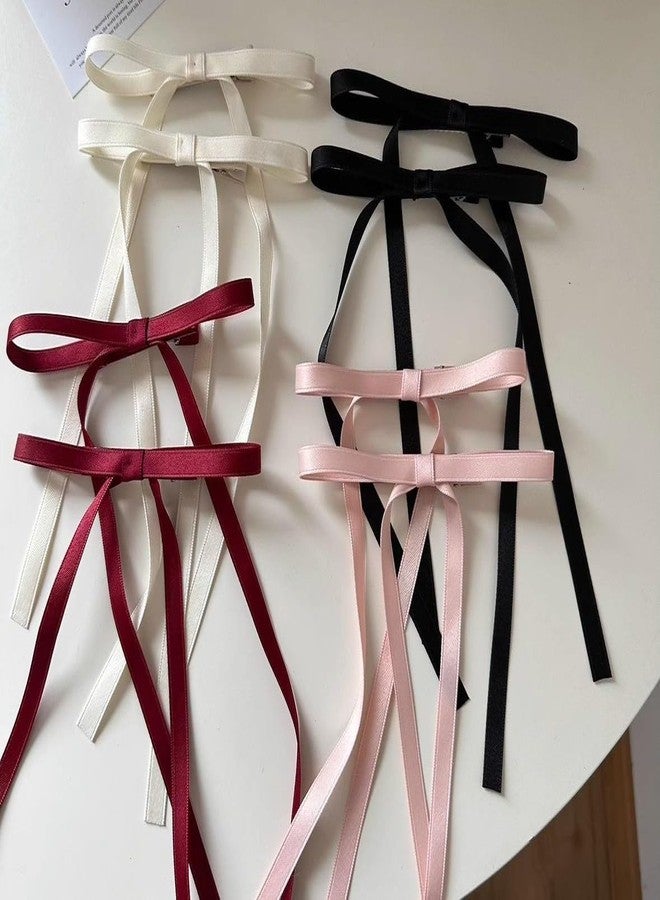 Shivashay 4 PCS Ribbon Hair Clips Bowknot With Long Tail | Bow Hair Clip For Girls |Hair Clips for Women with Bowknot Clips | Hair Bows for Women Ribbon for Hair Barrettes Bow clips (Black, Pink, White, Red ) - Image 1