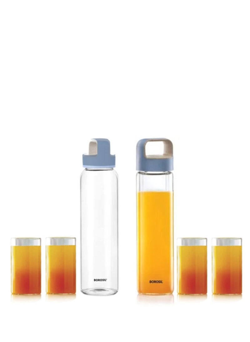 BOROSIL 550 ml 2 Neo Glass Bottle With 295 ml 4 Medium Glass | Hydration Gift Set | Borosilicate Glass Water Bottle | Extreme Temperature Resistant For Hot & Cold Water | 4 Juice Glass Microwave Safe  - Image 1